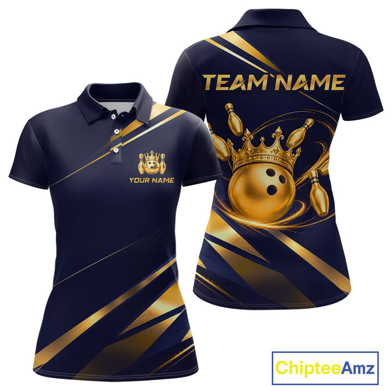 Custom Navy & Gold Bowling Team Shirt Crown Bowling Ball Jersey Polo & 1/4-Zip