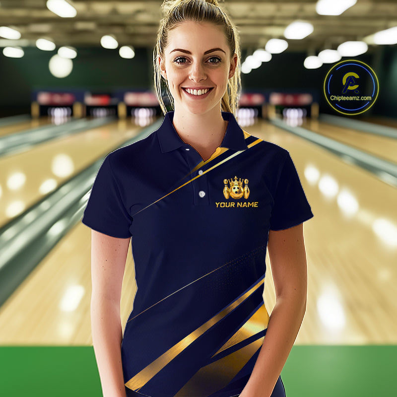 Custom Navy & Gold Bowling Team Shirt Crown Bowling Ball Jersey Polo & 1/4-Zip