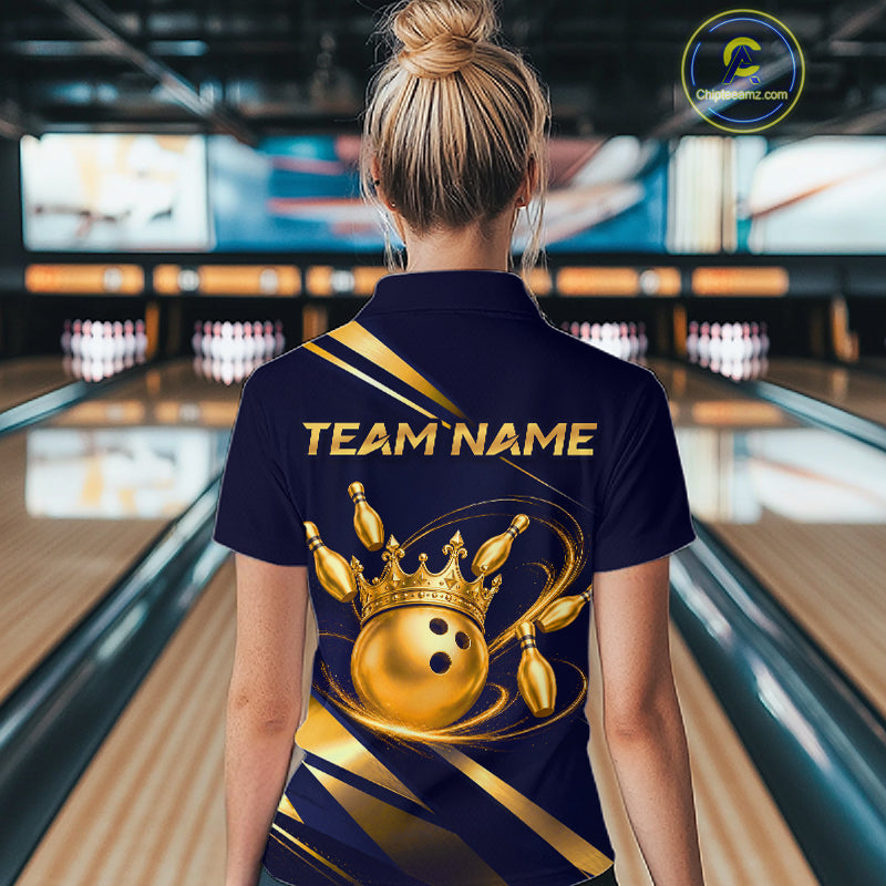 Custom Navy & Gold Bowling Team Shirt Crown Bowling Ball Jersey Polo & 1/4-Zip