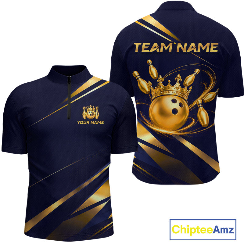 Custom Navy & Gold Bowling Team Shirt Crown Bowling Ball Jersey Polo & 1/4-Zip
