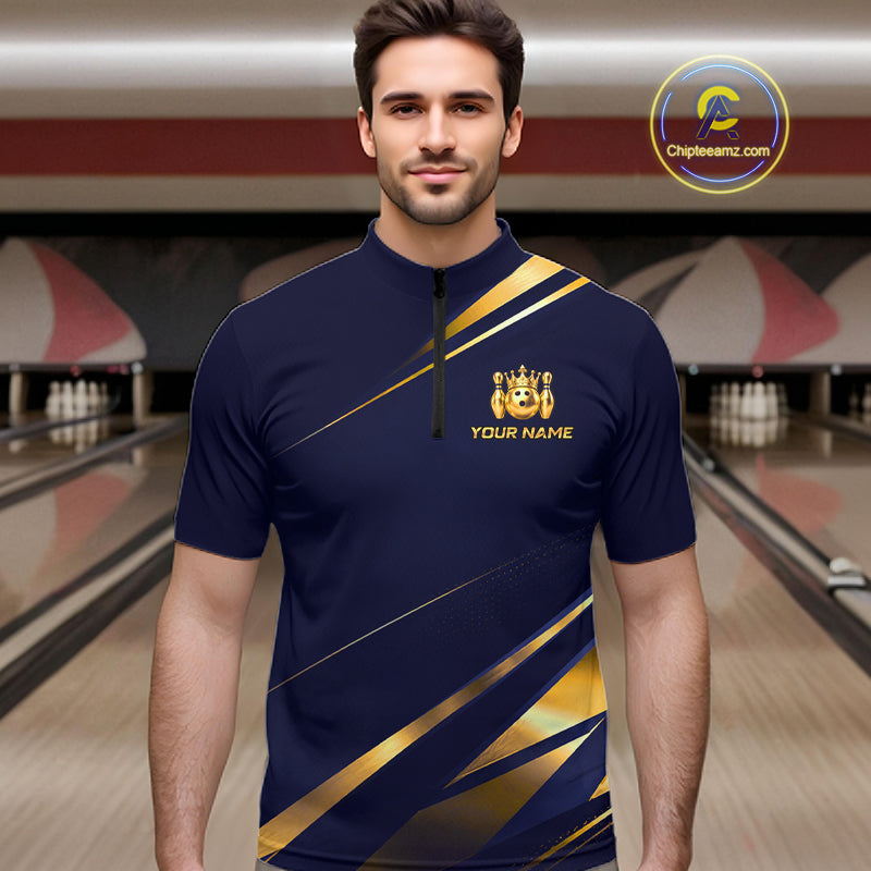 Custom Navy & Gold Bowling Team Shirt Crown Bowling Ball Jersey Polo & 1/4-Zip