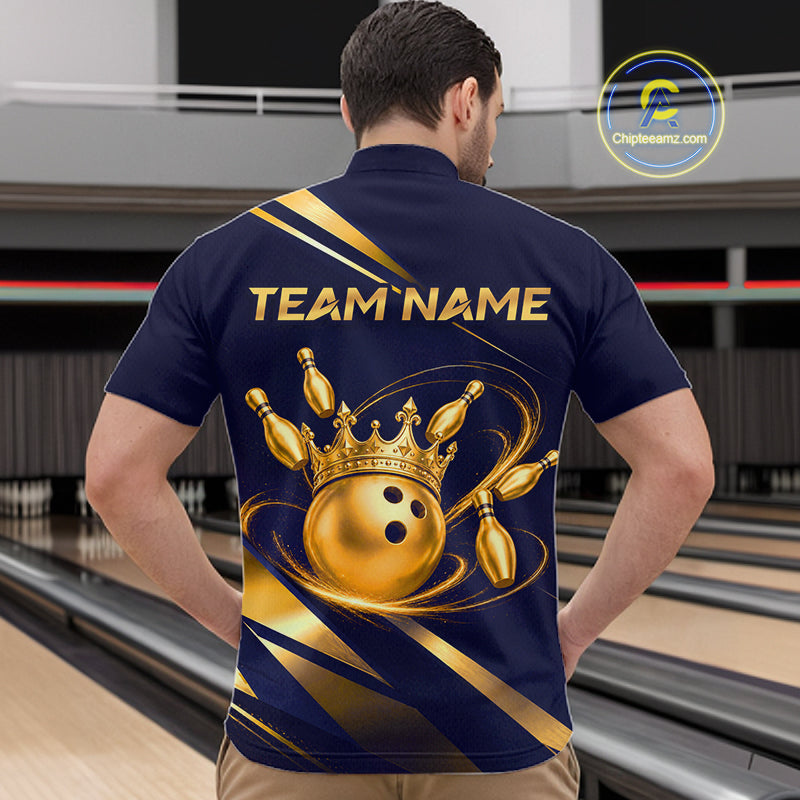 Custom Navy & Gold Bowling Team Shirt Crown Bowling Ball Jersey Polo & 1/4-Zip