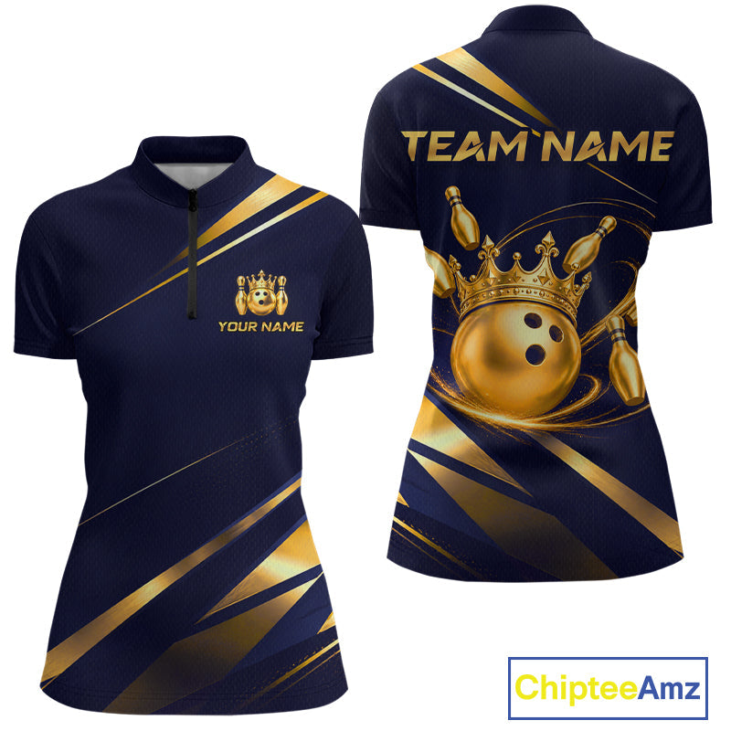 Custom Navy & Gold Bowling Team Shirt Crown Bowling Ball Jersey Polo & 1/4-Zip