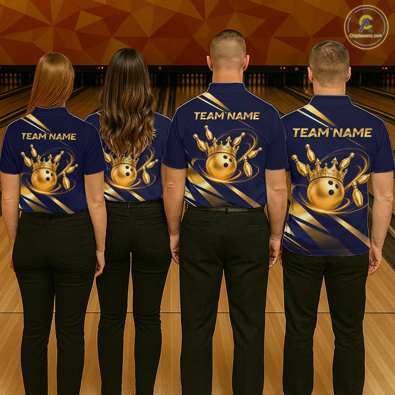 Custom Navy & Gold Bowling Team Shirt Crown Bowling Ball Jersey Polo & 1/4-Zip