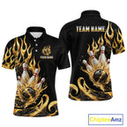 Custom Flame Bowling Shirt Black Gold Liquid Bowling Jersey Polo & 1/4-Zip
