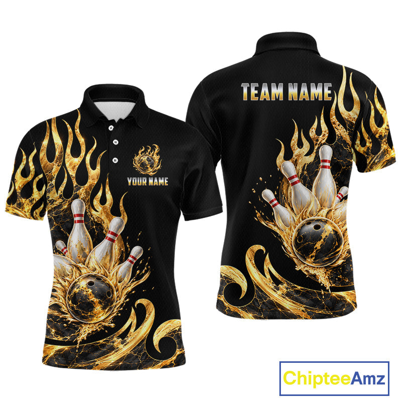Custom Flame Bowling Shirt Black Gold Liquid Bowling Jersey Polo & 1/4-Zip