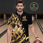 Custom Flame Bowling Shirt Black Gold Liquid Bowling Jersey Polo & 1/4-Zip