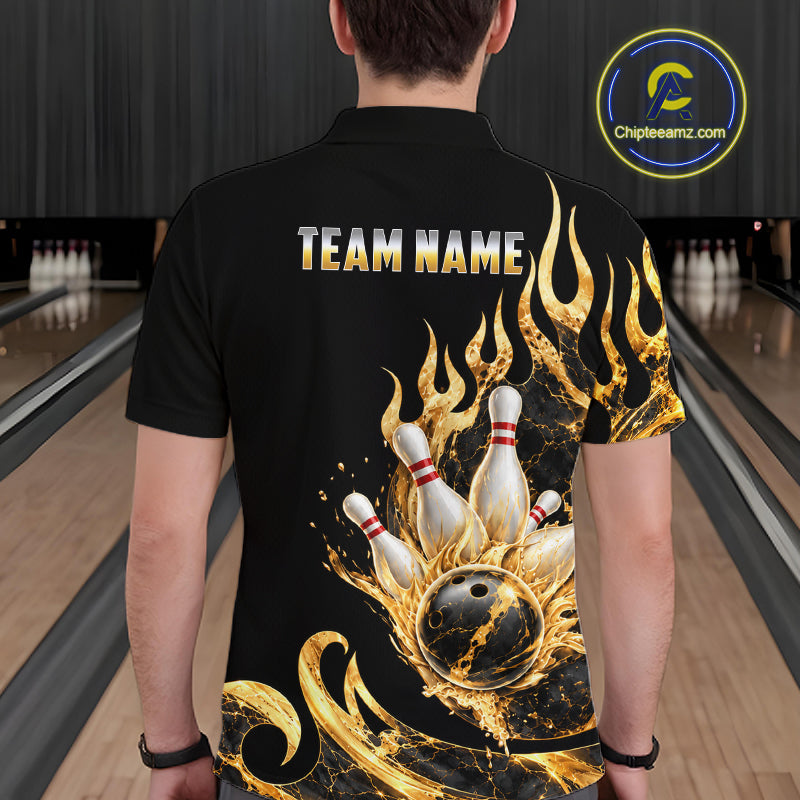Custom Flame Bowling Shirt Black Gold Liquid Bowling Jersey Polo & 1/4-Zip