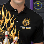 Custom Flame Bowling Shirt Black Gold Liquid Bowling Jersey Polo & 1/4-Zip
