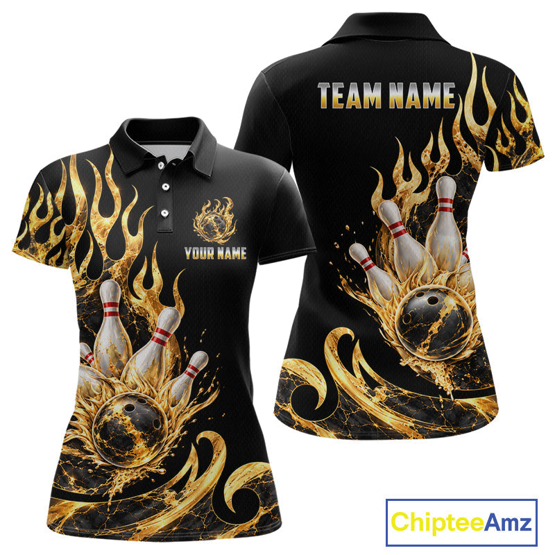 Custom Flame Bowling Shirt Black Gold Liquid Bowling Jersey Polo & 1/4-Zip