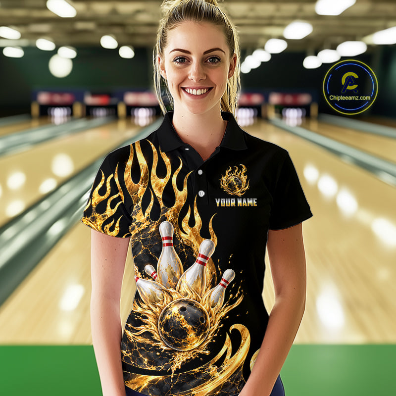 Custom Flame Bowling Shirt Black Gold Liquid Bowling Jersey Polo & 1/4-Zip
