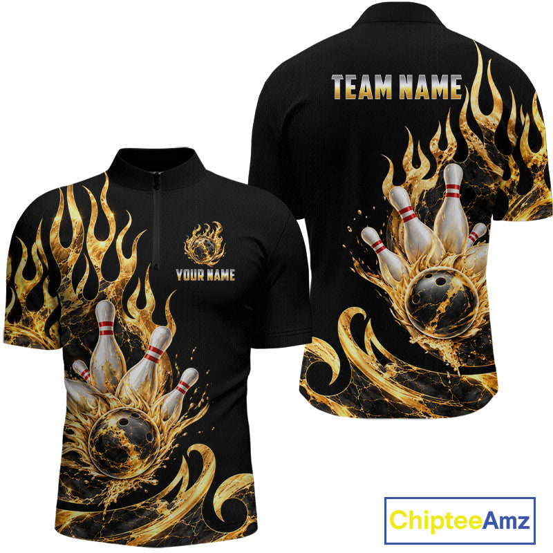 Custom Flame Bowling Shirt Black Gold Liquid Bowling Jersey Polo & 1/4-Zip