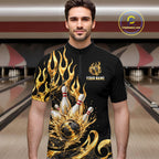 Custom Flame Bowling Shirt Black Gold Liquid Bowling Jersey Polo & 1/4-Zip