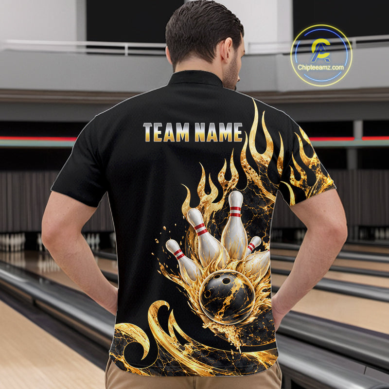 Custom Flame Bowling Shirt Black Gold Liquid Bowling Jersey Polo & 1/4-Zip