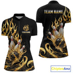 Custom Flame Bowling Shirt Black Gold Liquid Bowling Jersey Polo & 1/4-Zip