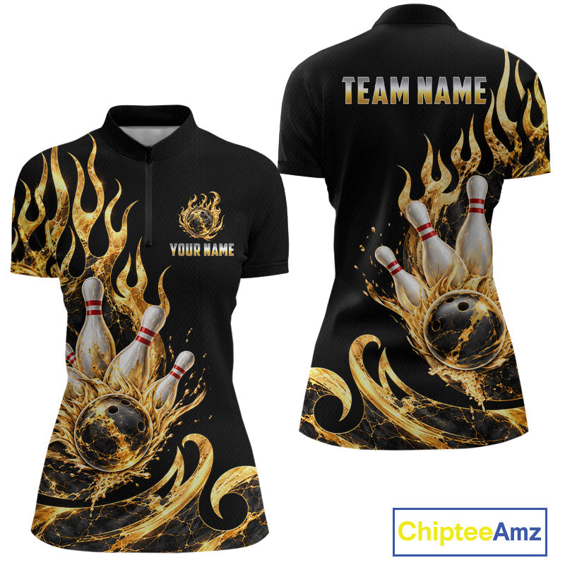 Custom Flame Bowling Shirt Black Gold Liquid Bowling Jersey Polo & 1/4-Zip