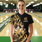 Custom Flame Bowling Shirt Black Gold Liquid Bowling Jersey Polo & 1/4-Zip