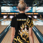 Custom Flame Bowling Shirt Black Gold Liquid Bowling Jersey Polo & 1/4-Zip