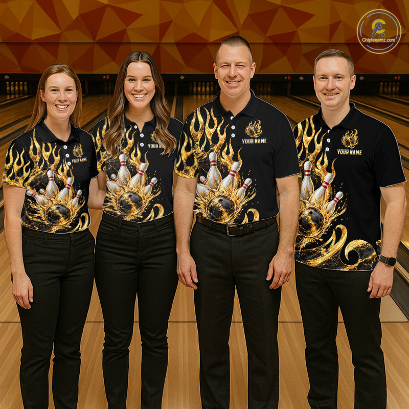 Custom Flame Bowling Shirt Black Gold Liquid Bowling Jersey Polo & 1/4-Zip