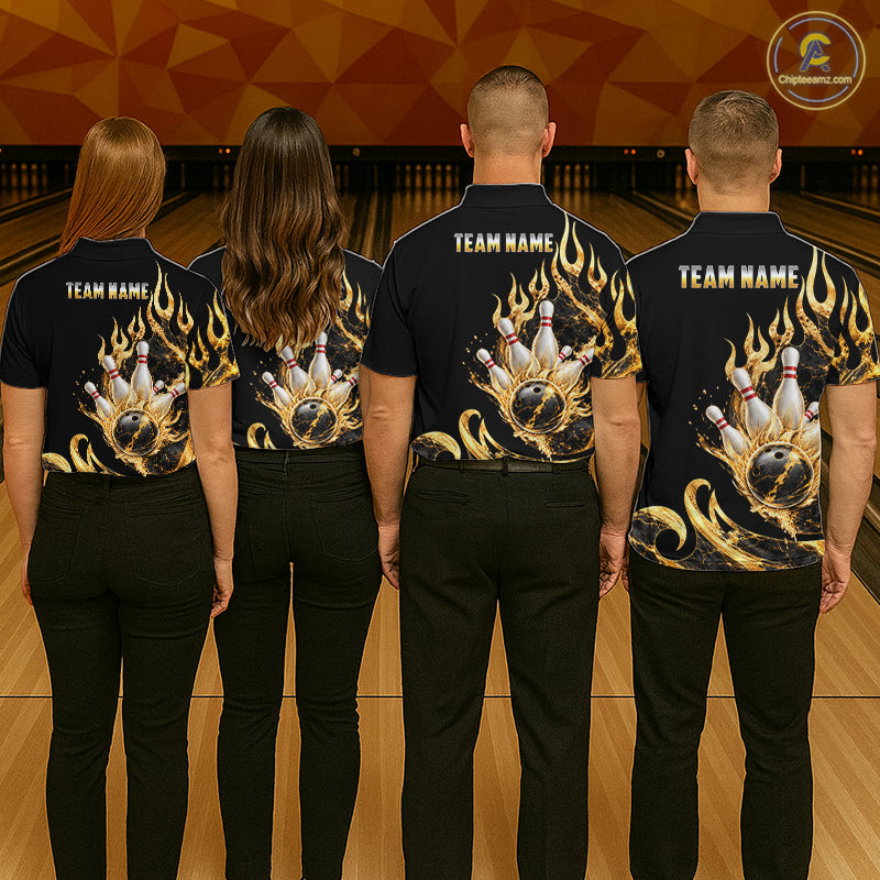 Custom Flame Bowling Shirt Black Gold Liquid Bowling Jersey Polo & 1/4-Zip