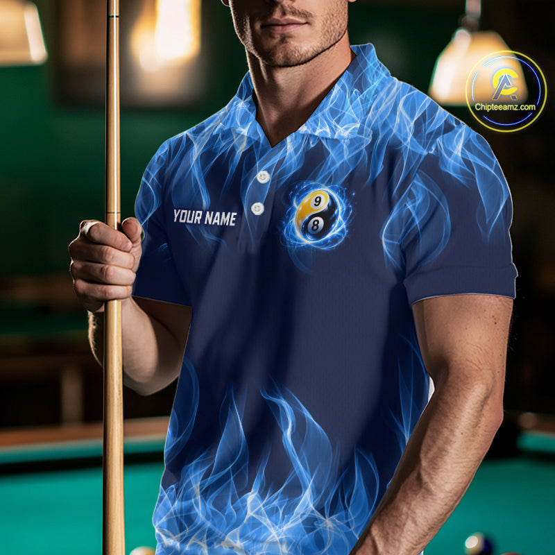 Custom Blue Flame Yin Yang 8 Ball and 9 Ball Billiard Team Shirts Billiard League