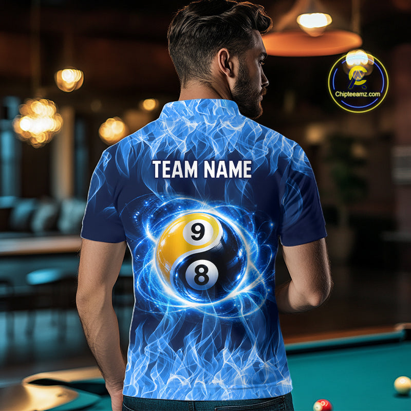 Custom Blue Flame Yin Yang 8 Ball and 9 Ball Billiard Team Shirts Billiard League