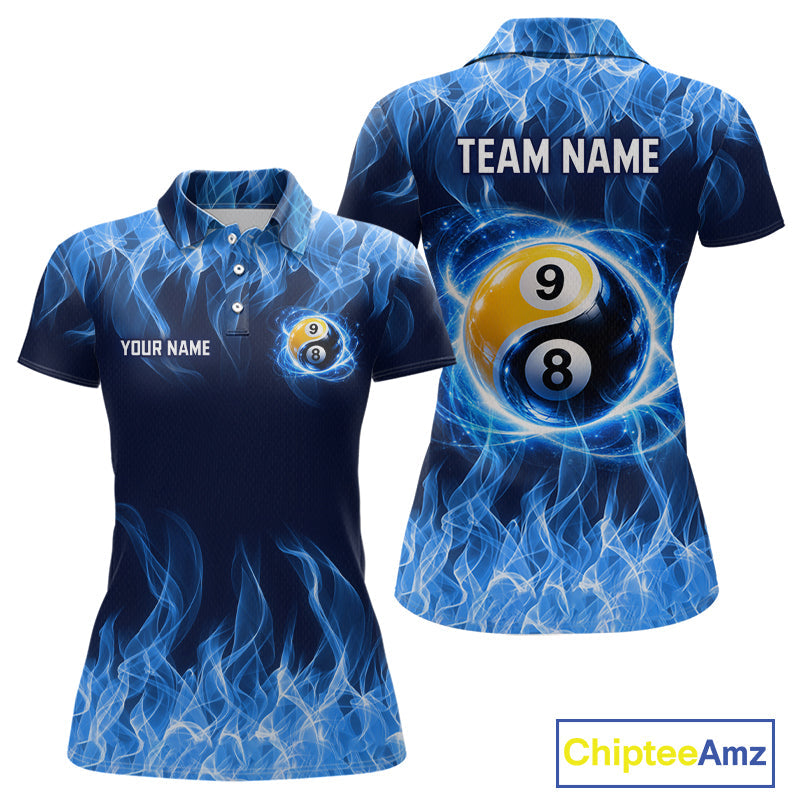 Custom Blue Flame Yin Yang 8 Ball and 9 Ball Billiard Team Shirts Billiard League
