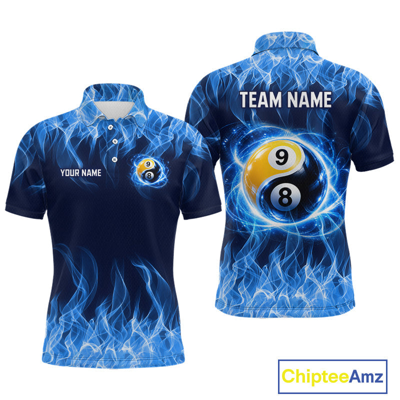 Custom Blue Flame Yin Yang 8 Ball and 9 Ball Billiard Team Shirts Billiard League