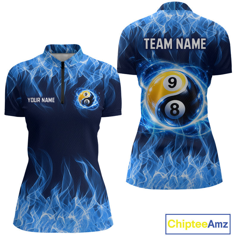 Custom Blue Flame Yin Yang 8 Ball and 9 Ball Billiard Team Shirts Billiard League