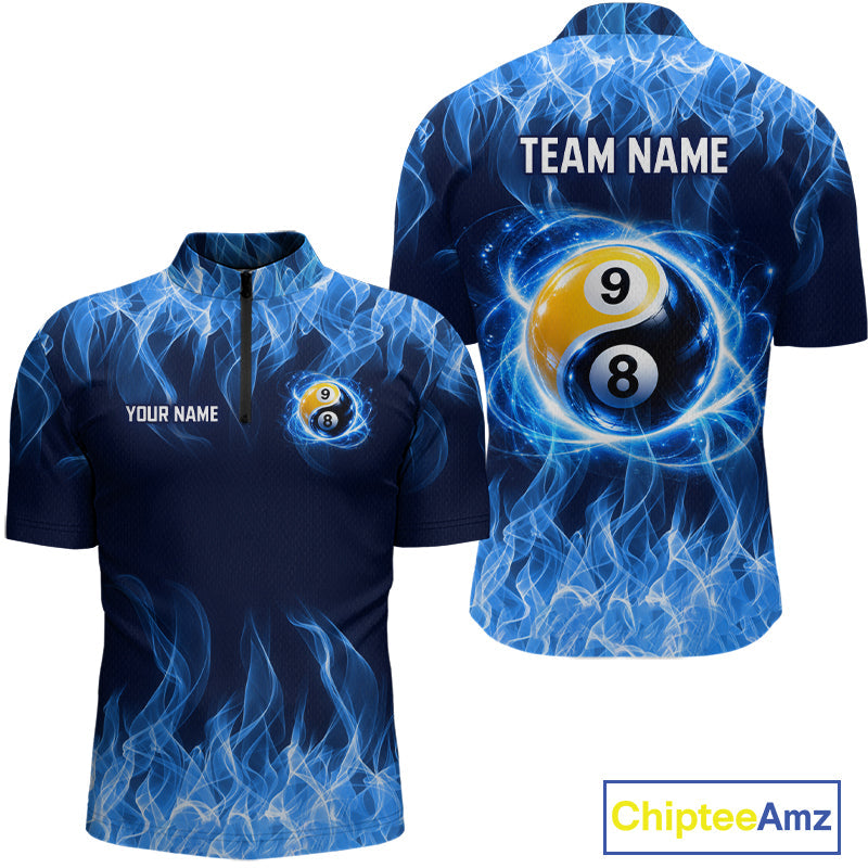 Custom Blue Flame Yin Yang 8 Ball and 9 Ball Billiard Team Shirts Billiard League