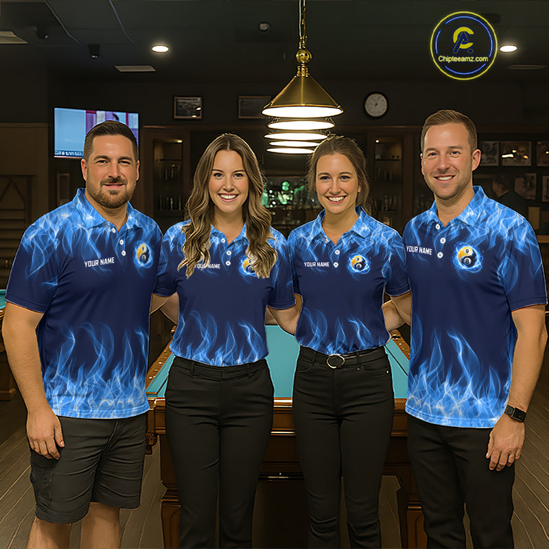 Custom Blue Flame Yin Yang 8 Ball and 9 Ball Billiard Team Shirts Billiard League