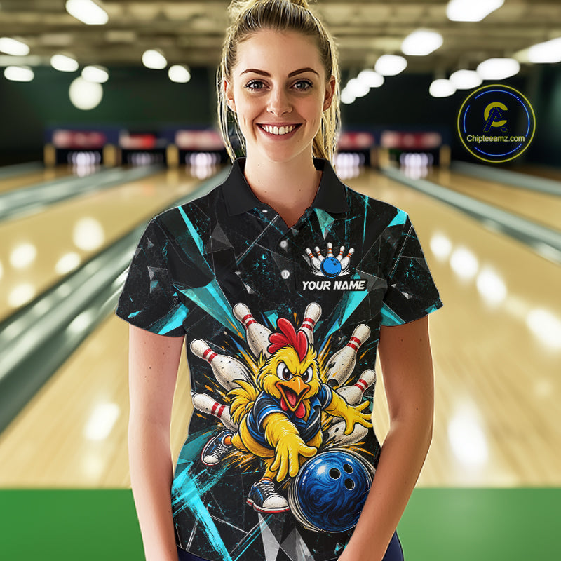 Custom Turquoise Funny Chicken Bowling Team Shirt Break Glass Bowling Jersey