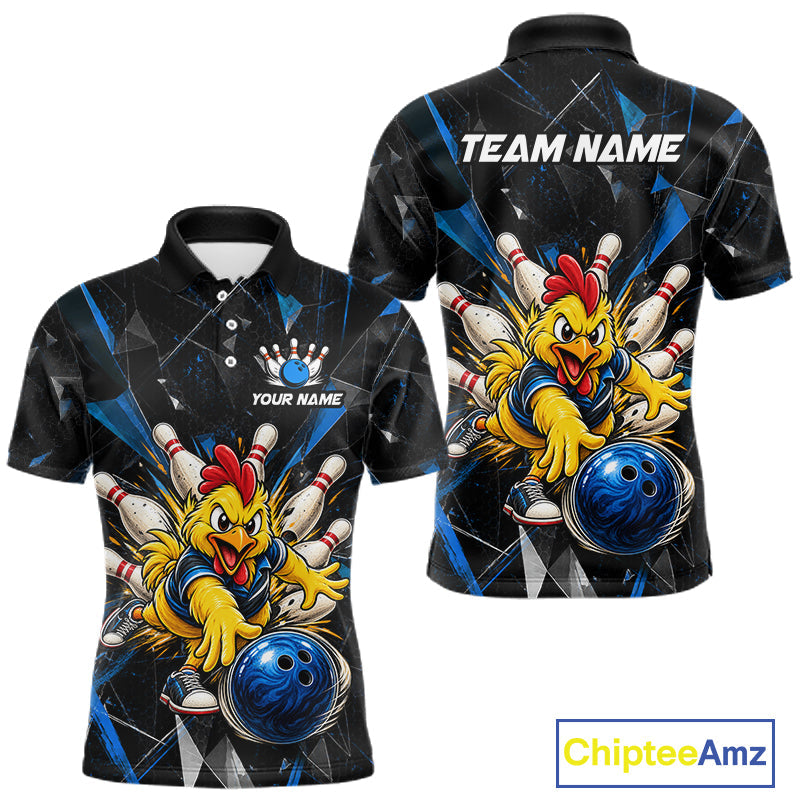 Custom Blue Funny Chicken Bowling Team Shirt Break Glass Bowling Jersey