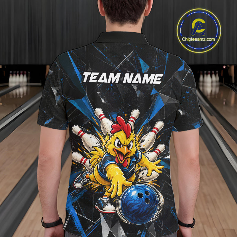 Custom Blue Funny Chicken Bowling Team Shirt Break Glass Bowling Jersey