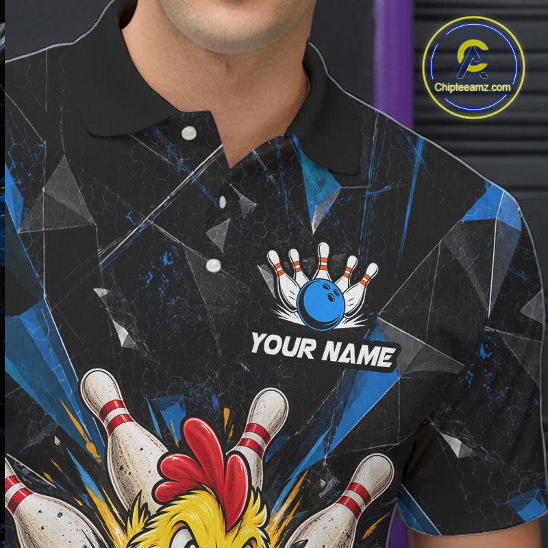 Custom Blue Funny Chicken Bowling Team Shirt Break Glass Bowling Jersey