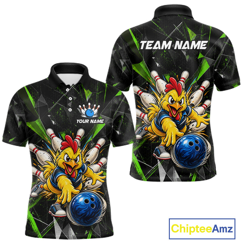 Custom Green Funny Chicken Bowling Team Shirt Break Glass Bowling Jersey