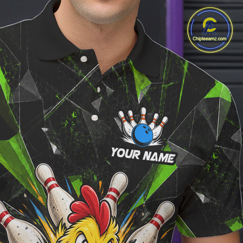 Custom Green Funny Chicken Bowling Team Shirt Break Glass Bowling Jersey