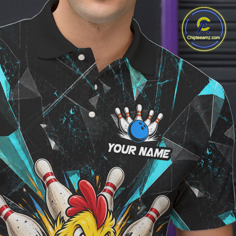 Custom Turquoise Funny Chicken Bowling Team Shirt Break Glass Bowling Jersey
