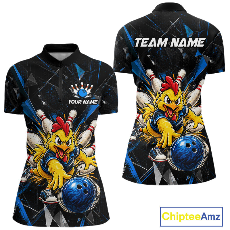 Custom Blue Funny Chicken Bowling Team Shirt Break Glass Bowling Jersey