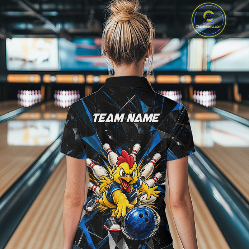Custom Blue Funny Chicken Bowling Team Shirt Break Glass Bowling Jersey