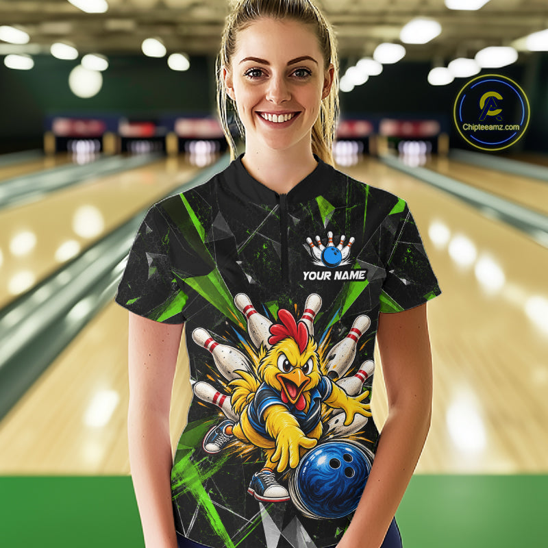 Custom Green Funny Chicken Bowling Team Shirt Break Glass Bowling Jersey