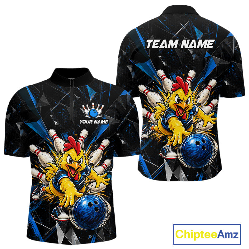Custom Blue Funny Chicken Bowling Team Shirt Break Glass Bowling Jersey