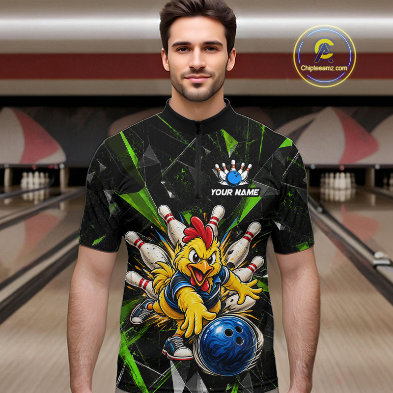 Custom Green Funny Chicken Bowling Team Shirt Break Glass Bowling Jersey