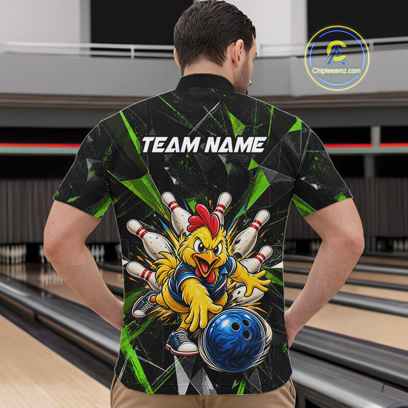 Custom Green Funny Chicken Bowling Team Shirt Break Glass Bowling Jersey