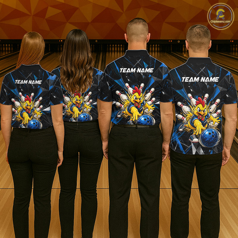 Custom Blue Funny Chicken Bowling Team Shirt Break Glass Bowling Jersey
