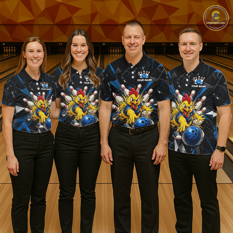 Custom Blue Funny Chicken Bowling Team Shirt Break Glass Bowling Jersey