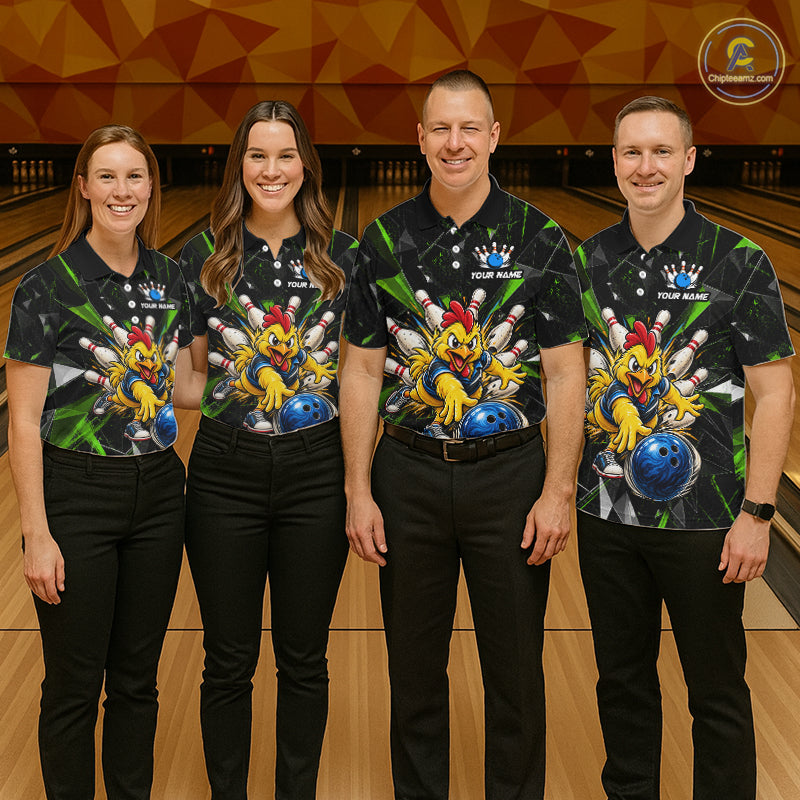 Custom Green Funny Chicken Bowling Team Shirt Break Glass Bowling Jersey