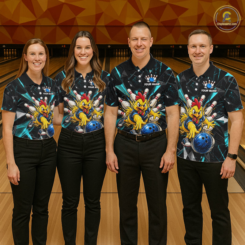 Custom Turquoise Funny Chicken Bowling Team Shirt Break Glass Bowling Jersey
