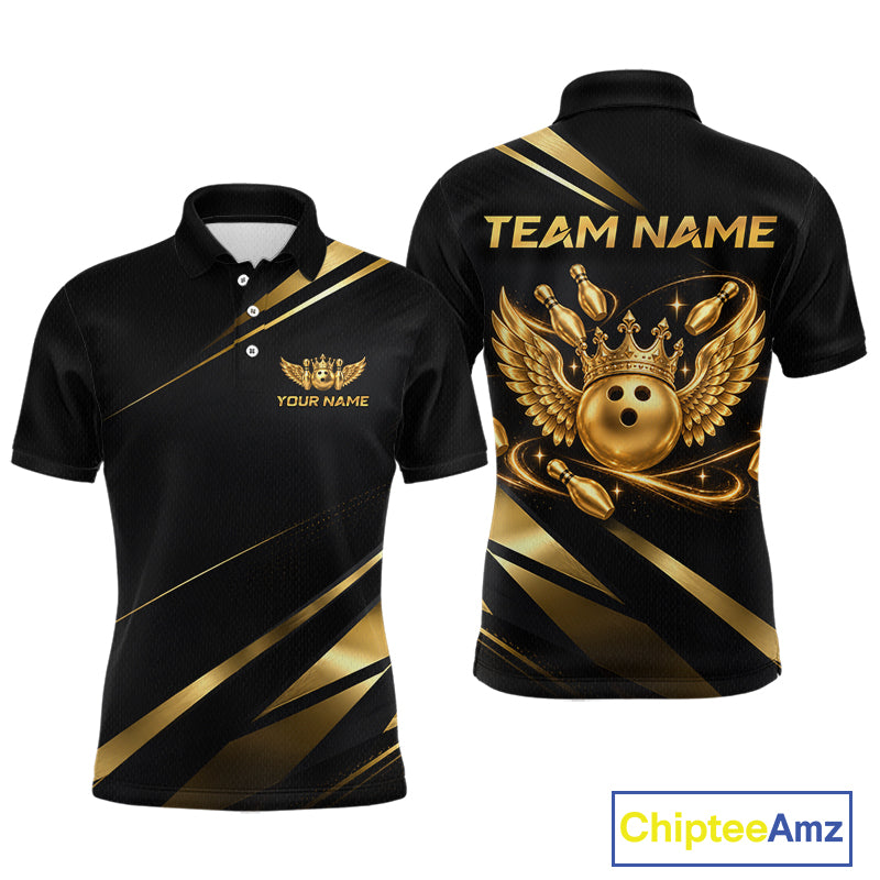 Custom Black & Gold Bowling Shirt Wings Crown Bowling League Jersey