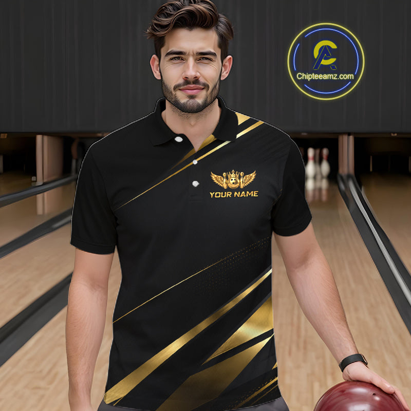 Custom Black & Gold Bowling Shirt Wings Crown Bowling League Jersey